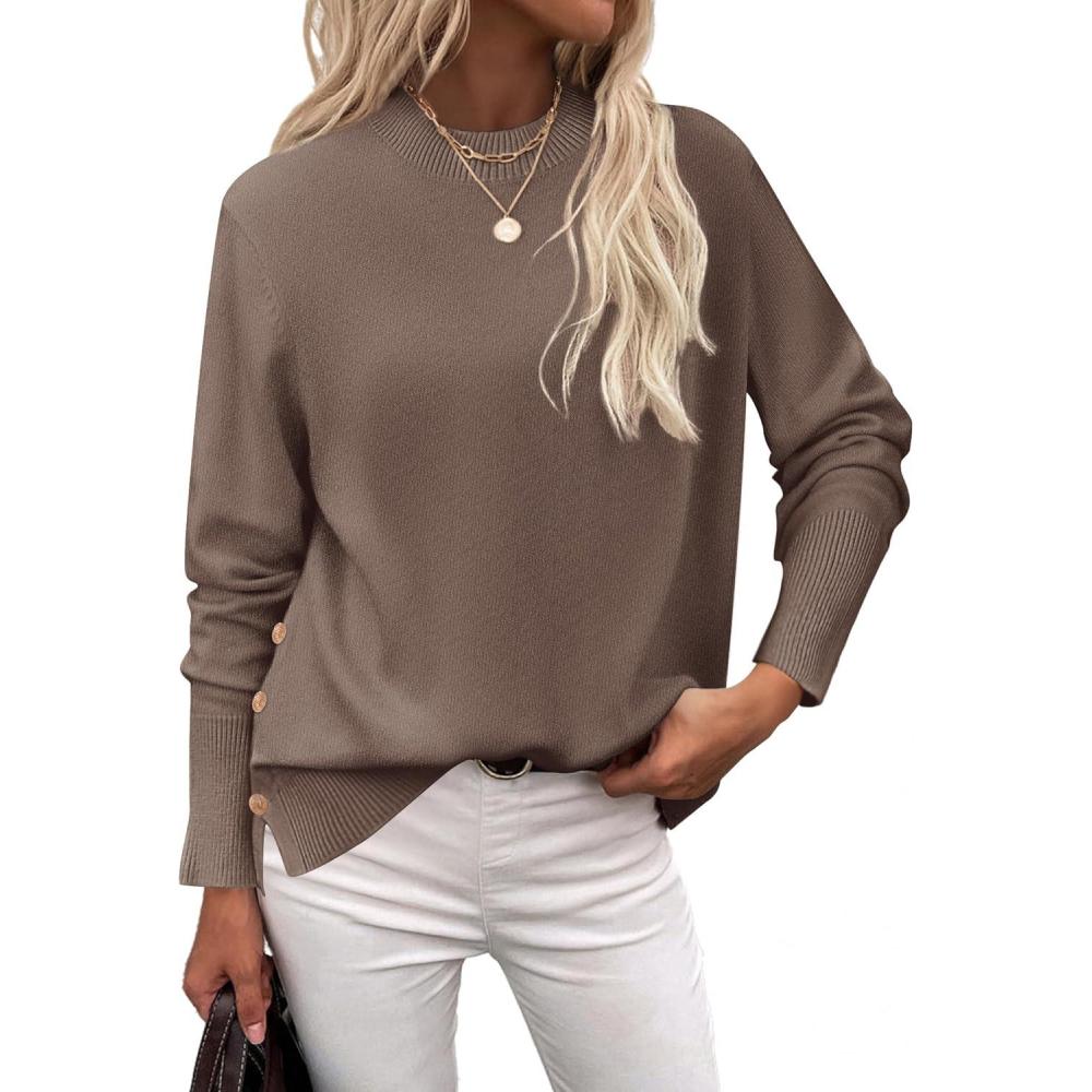 imageZeagoo Womens Sweaters Loose Knit Side Button 2025 Fall Fashion Trendy Casual Pullover Tops ClothesNutmeg