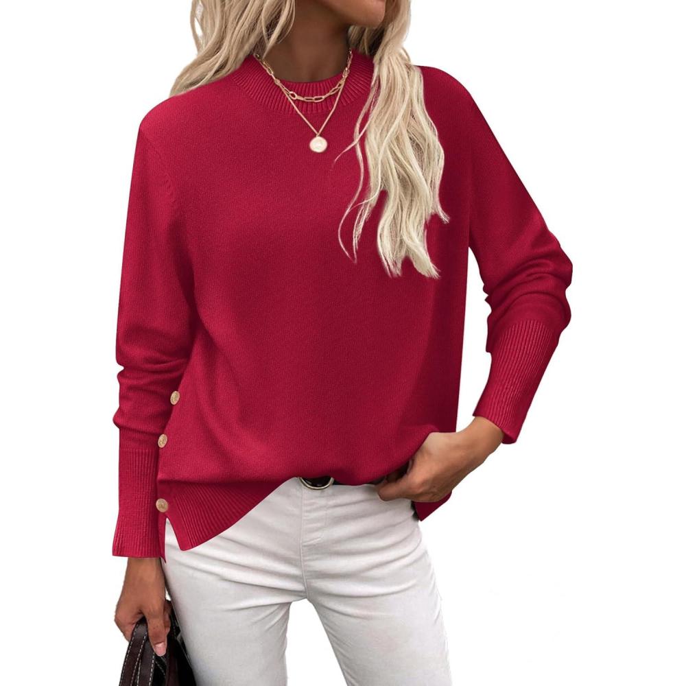 imageZeagoo Womens Sweaters Loose Knit Side Button 2025 Fall Fashion Trendy Casual Pullover Tops ClothesRed