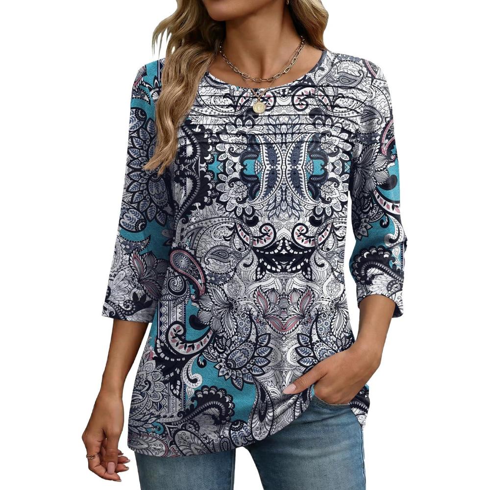 imageZeagoo Womens Tops 34 Length Sleeve Blouses Dressy Casual Shirt Pleated Front Tunic Floral Printed Spring ClothesBobo Blue 906