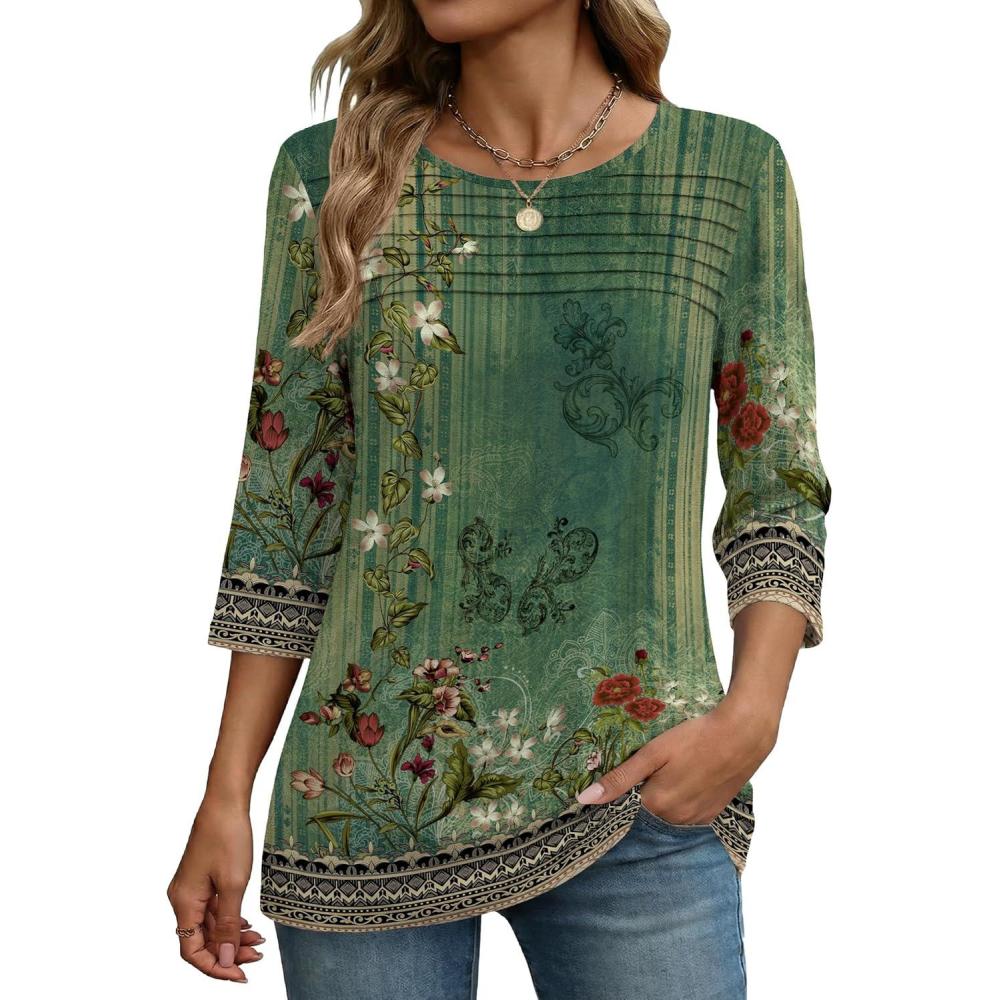 imageZeagoo Womens Tops 34 Length Sleeve Blouses Dressy Casual Shirt Pleated Front Tunic Floral Printed Spring ClothesBobo Green 839