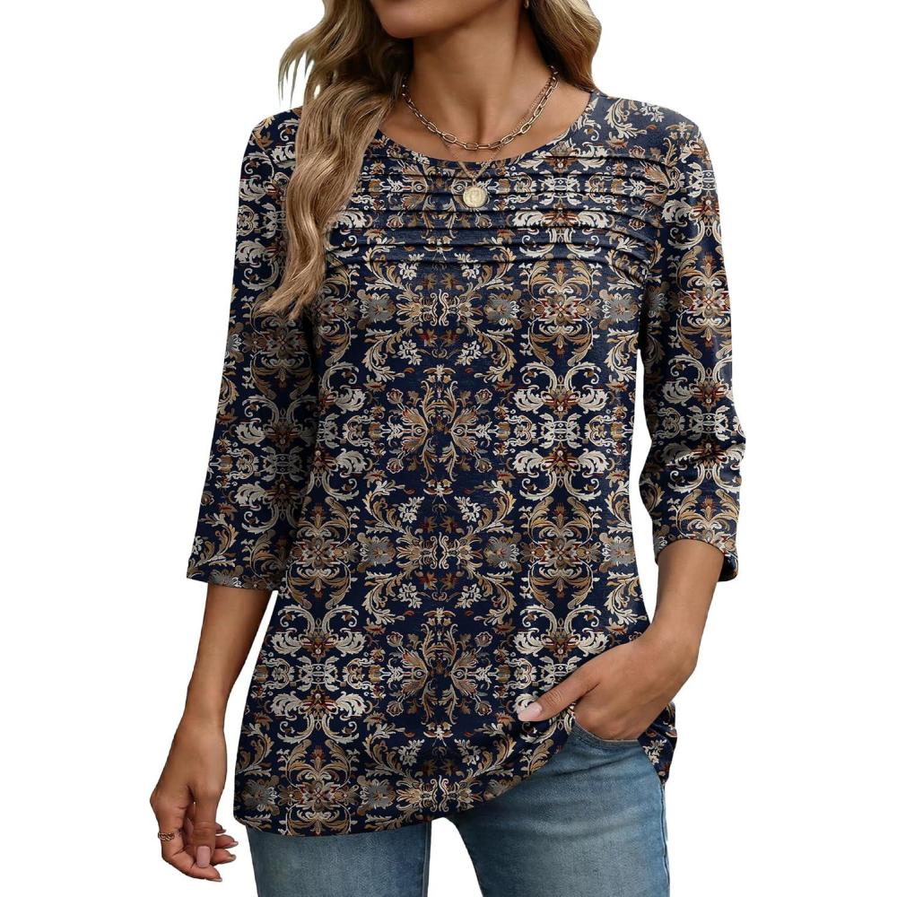 imageZeagoo Womens Tops 34 Length Sleeve Blouses Dressy Casual Shirt Pleated Front Tunic Floral Printed Spring ClothesBobo Navy 869