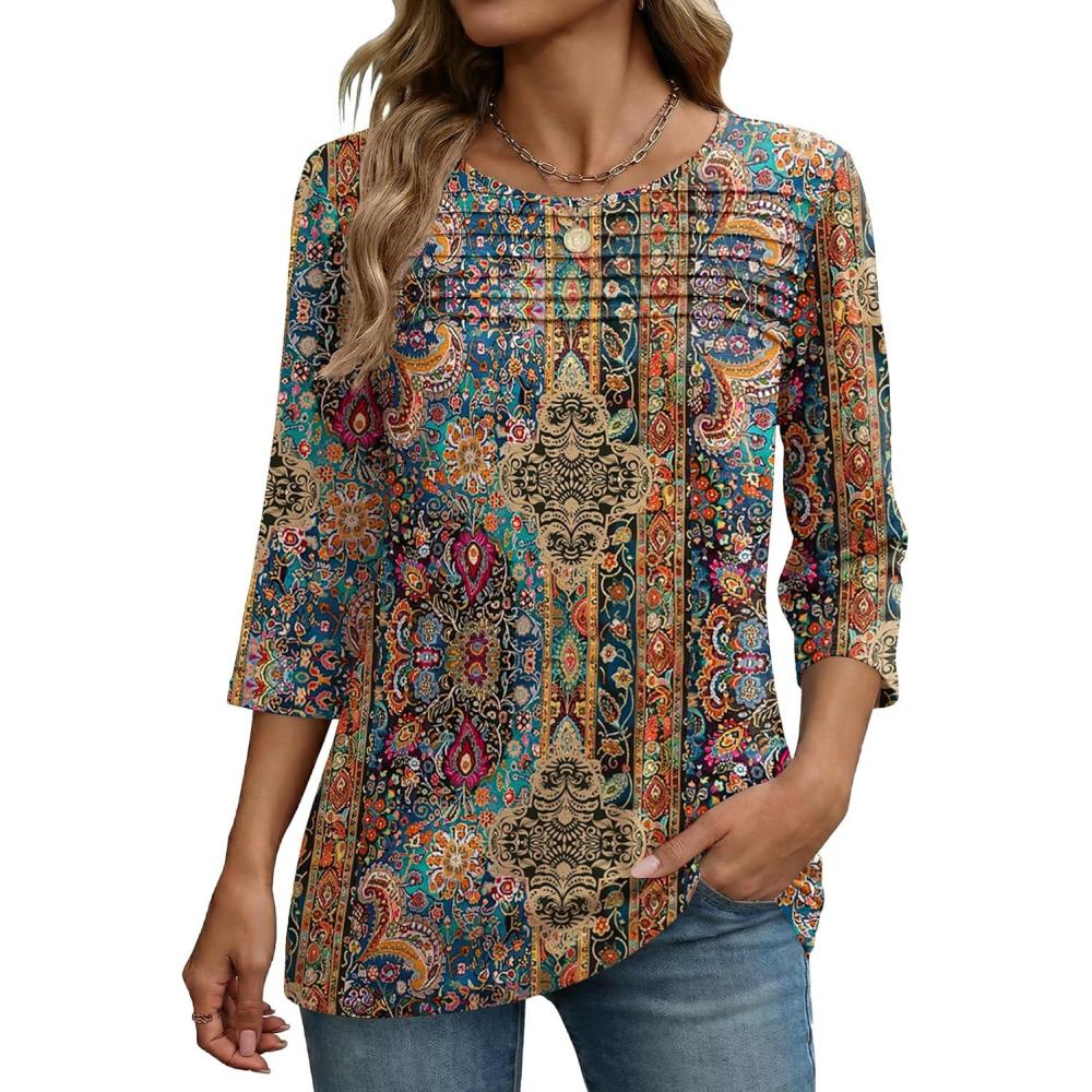 imageZeagoo Womens Tops 34 Length Sleeve Blouses Dressy Casual Shirt Pleated Front Tunic Floral Printed Spring ClothesBoho Multicolor 721