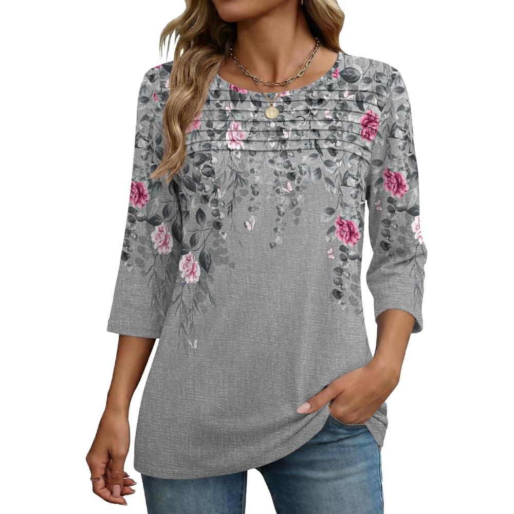 imageZeagoo Womens Tops 34 Length Sleeve Blouses Dressy Casual Shirt Pleated Front Tunic Floral Printed Spring ClothesFloral Grey 36