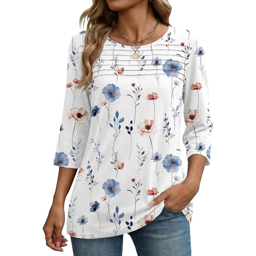 imageZeagoo Womens Tops 34 Length Sleeve Blouses Dressy Casual Shirt Pleated Front Tunic Floral Printed Spring ClothesFloral White 290
