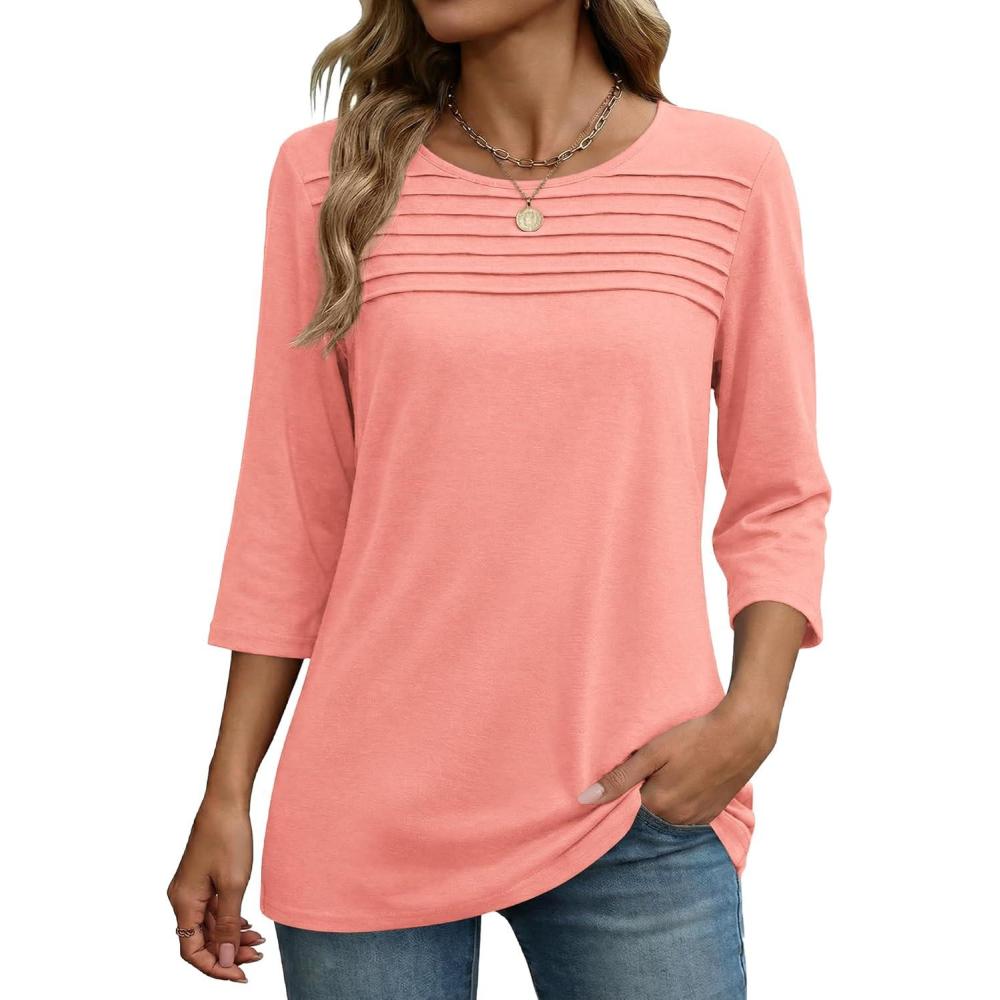 imageZeagoo Womens Tops 34 Length Sleeve Blouses Dressy Casual Shirt Pleated Front Tunic Floral Printed Spring ClothesPink
