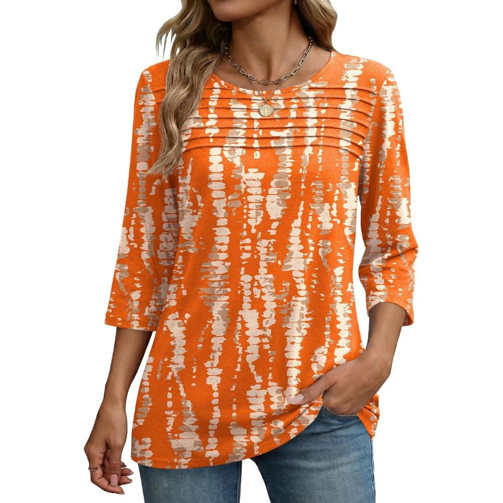 imageZeagoo Womens Tops 34 Length Sleeve Blouses Dressy Casual Shirt Pleated Front Tunic Floral Printed Spring ClothesPrinted Orange 466