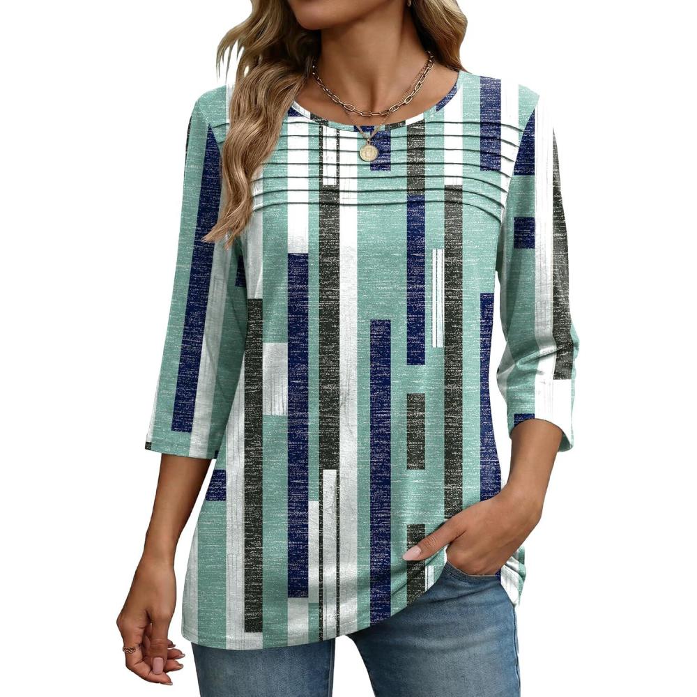 imageZeagoo Womens Tops 34 Length Sleeve Blouses Dressy Casual Shirt Pleated Front Tunic Floral Printed Spring ClothesStripes Green 530