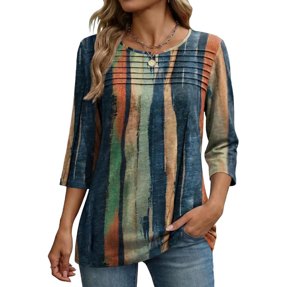 imageZeagoo Womens Tops 34 Length Sleeve Blouses Dressy Casual Shirt Pleated Front Tunic Floral Printed Spring ClothesStripes Multicolor 289