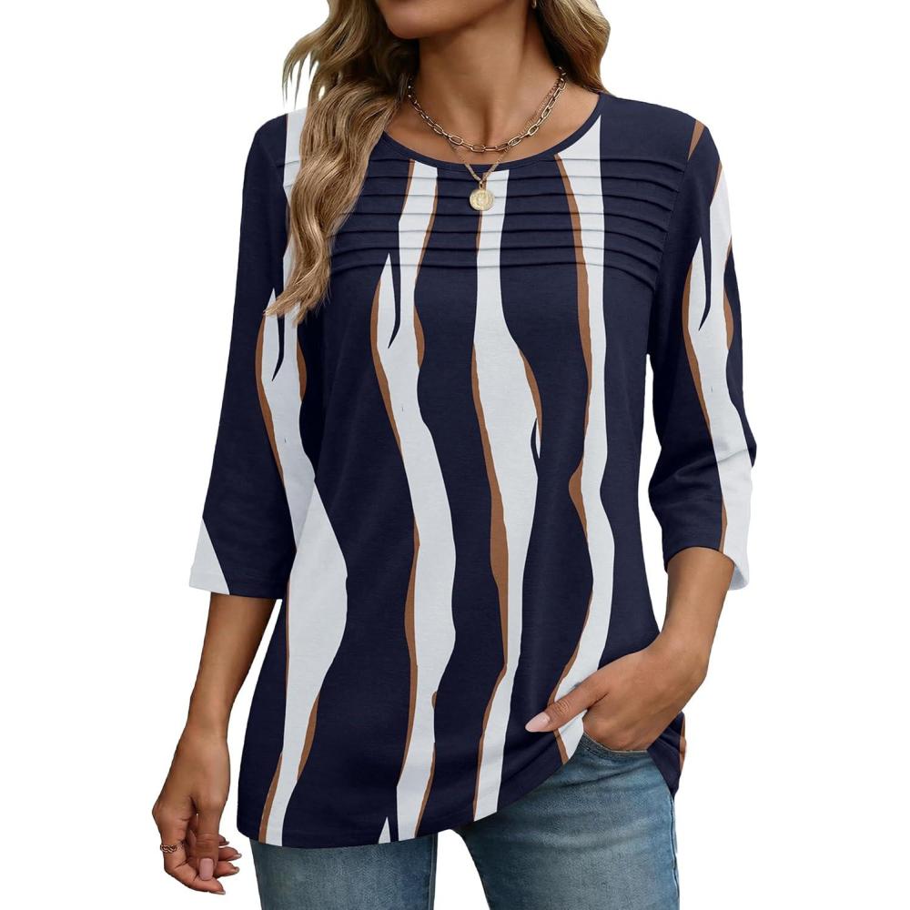 imageZeagoo Womens Tops 34 Length Sleeve Blouses Dressy Casual Shirt Pleated Front Tunic Floral Printed Spring ClothesStripes Navy White 327