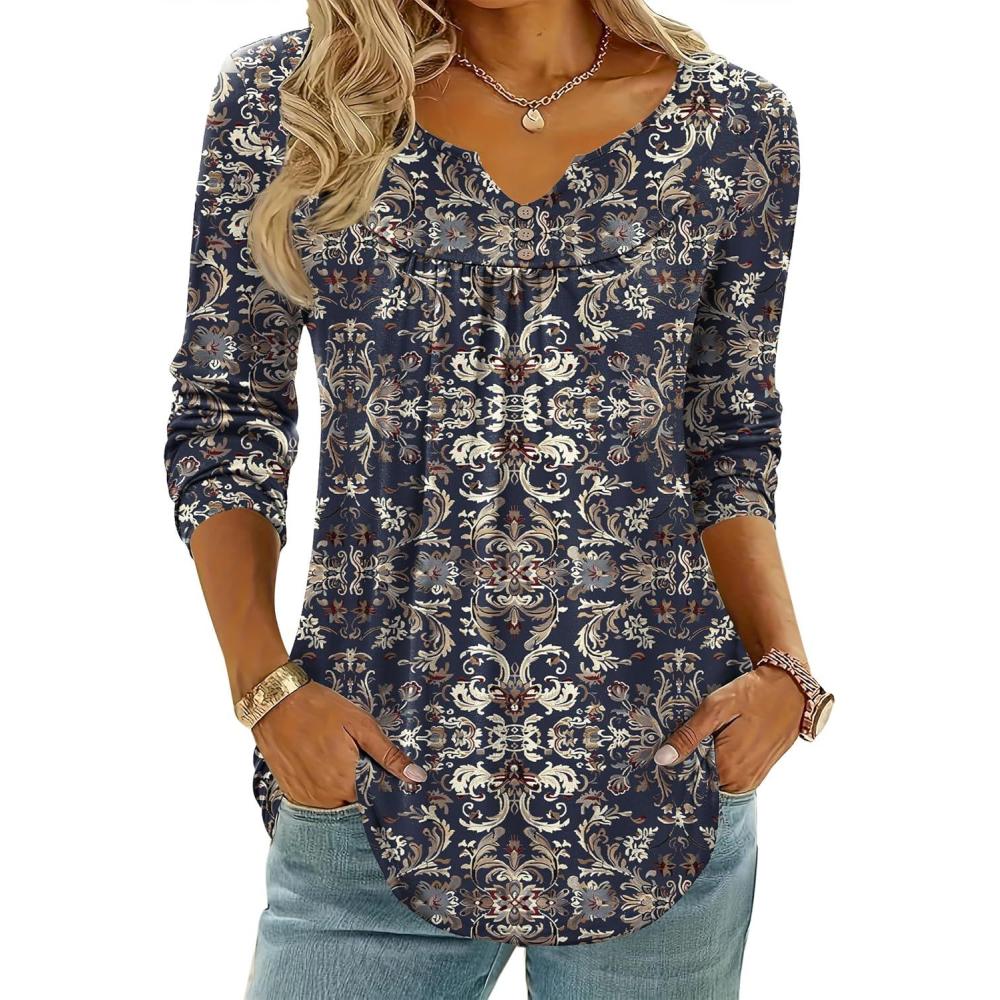 imageZeagoo Womens Tops Long Sleeve Shirts Boho Tops for Women 2026 Fall Blouses Ladies Sweatshirts Spring Fashion ClothingBlue Ethnic Style