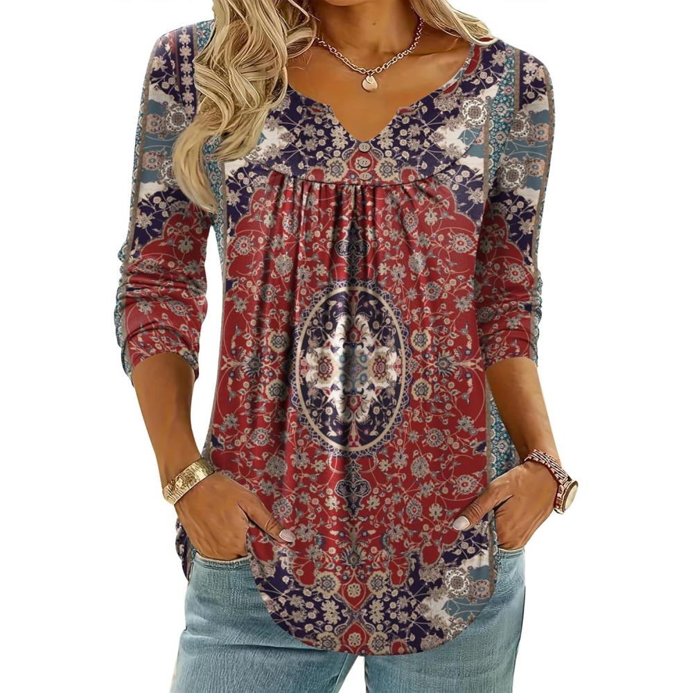imageZeagoo Womens Tops Long Sleeve Shirts Boho Tops for Women 2026 Fall Blouses Ladies Sweatshirts Spring Fashion ClothingEthnic Rug Pattern