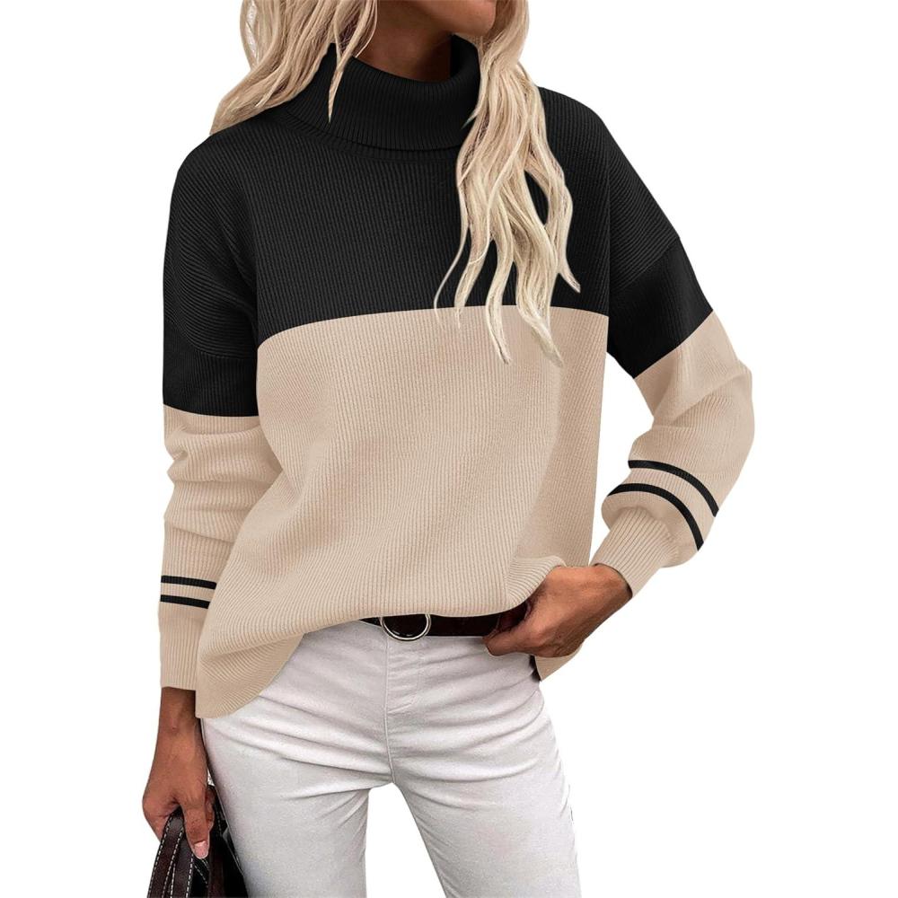imageZeagoo Womens Turtleneck Sweater 2025 Fall Winter Chunky Knit Sweaters Casual Side Slit Pullover Jumper TopApricot Black Stripe
