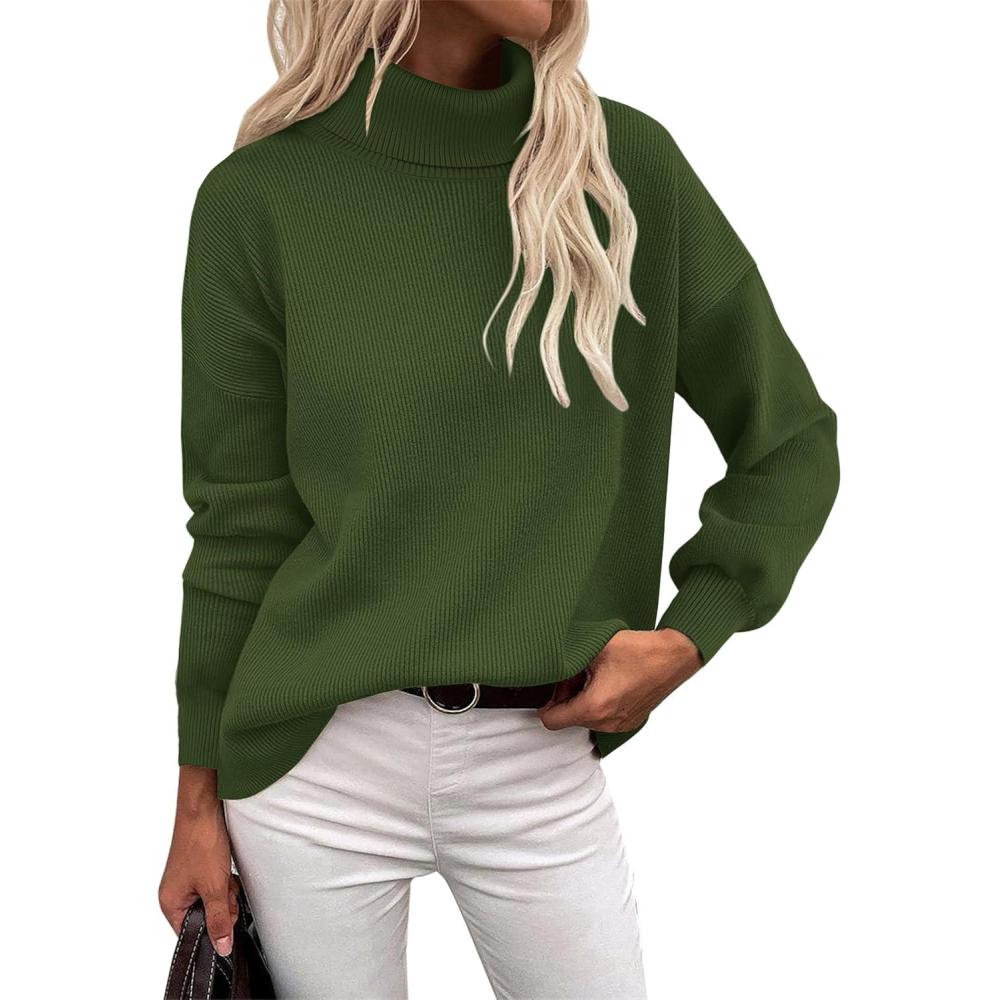 imageZeagoo Womens Turtleneck Sweater 2025 Fall Winter Chunky Knit Sweaters Casual Side Slit Pullover Jumper TopArmy Green