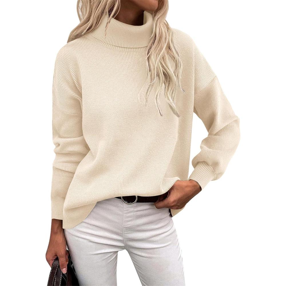 imageZeagoo Womens Turtleneck Sweater 2025 Fall Winter Chunky Knit Sweaters Casual Side Slit Pullover Jumper TopBeige