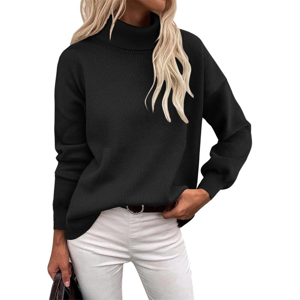 imageZeagoo Womens Turtleneck Sweater 2025 Fall Winter Chunky Knit Sweaters Casual Side Slit Pullover Jumper TopBlack