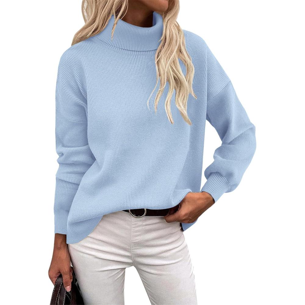imageZeagoo Womens Turtleneck Sweater 2025 Fall Winter Chunky Knit Sweaters Casual Side Slit Pullover Jumper TopBlue