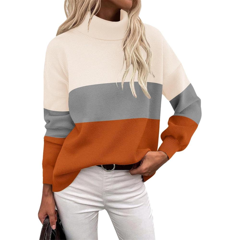 imageZeagoo Womens Turtleneck Sweater 2025 Fall Winter Chunky Knit Sweaters Casual Side Slit Pullover Jumper TopColorblock 278