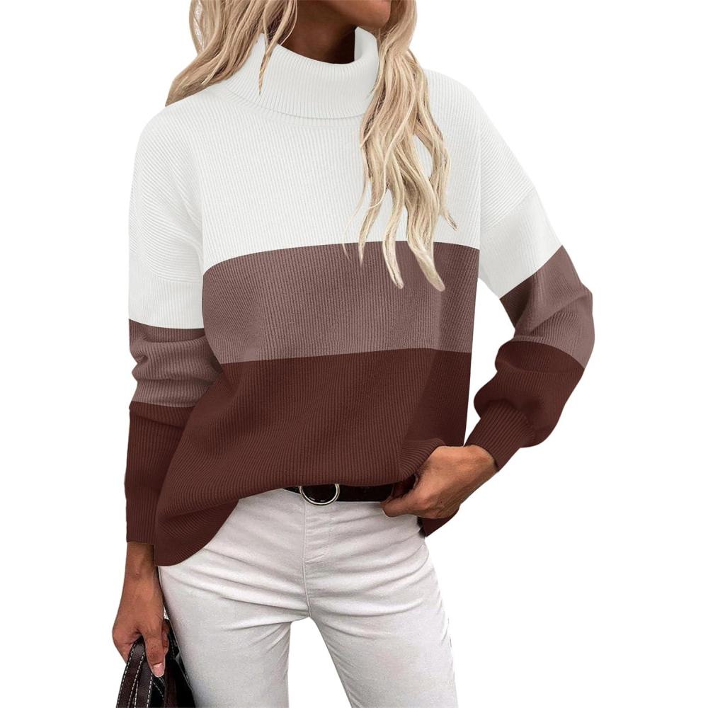 imageZeagoo Womens Turtleneck Sweater 2025 Fall Winter Chunky Knit Sweaters Casual Side Slit Pullover Jumper TopColorblock 284