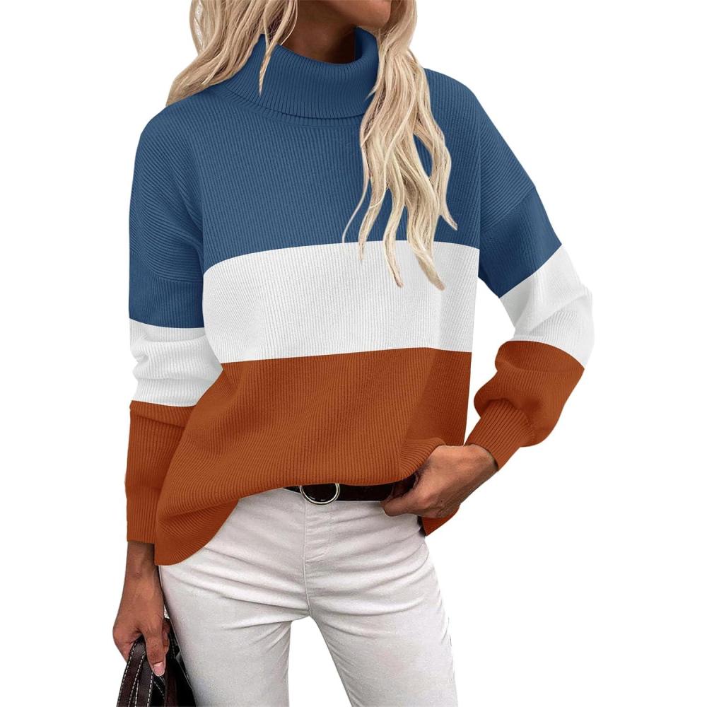 imageZeagoo Womens Turtleneck Sweater 2025 Fall Winter Chunky Knit Sweaters Casual Side Slit Pullover Jumper TopColorblock 458