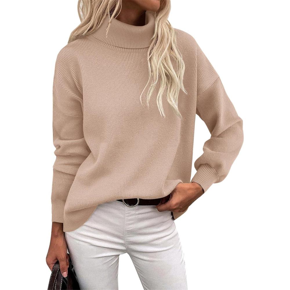 imageZeagoo Womens Turtleneck Sweater 2025 Fall Winter Chunky Knit Sweaters Casual Side Slit Pullover Jumper TopKhaki