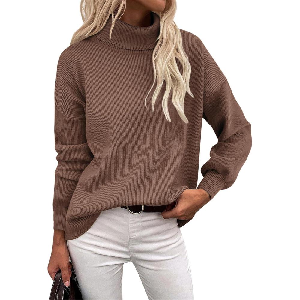 imageZeagoo Womens Turtleneck Sweater 2025 Fall Winter Chunky Knit Sweaters Casual Side Slit Pullover Jumper TopNutmeg