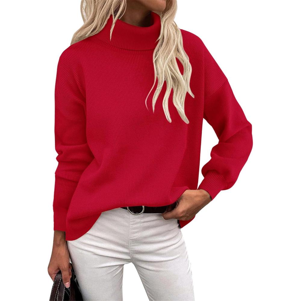 imageZeagoo Womens Turtleneck Sweater 2025 Fall Winter Chunky Knit Sweaters Casual Side Slit Pullover Jumper TopRed