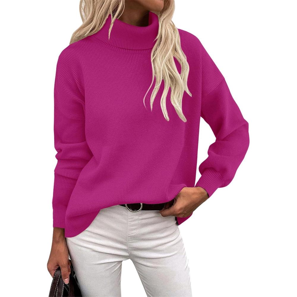 imageZeagoo Womens Turtleneck Sweater 2025 Fall Winter Chunky Knit Sweaters Casual Side Slit Pullover Jumper TopRose