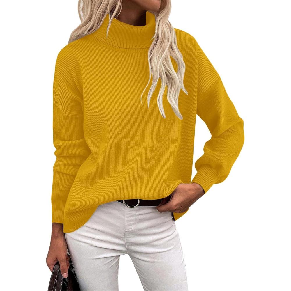 imageZeagoo Womens Turtleneck Sweater 2025 Fall Winter Chunky Knit Sweaters Casual Side Slit Pullover Jumper TopYellow