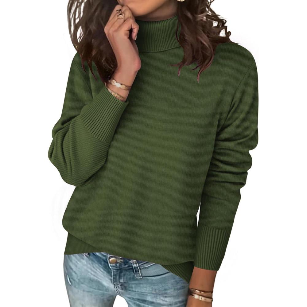 imageZeagoo Womens Turtleneck Sweater Long Sleeve Spilt Hem Casual Knit Pullover Chunky Fall Winter Jumper Top 2026Army Green