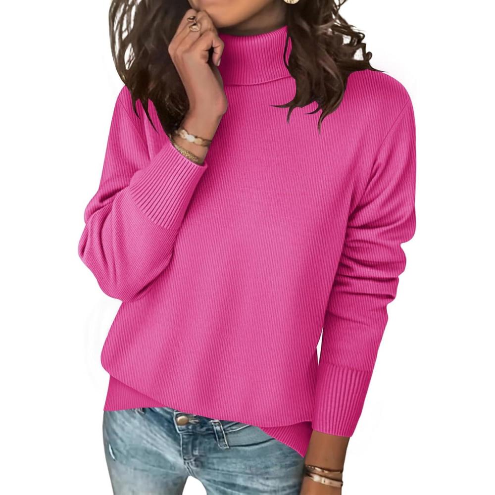imageZeagoo Womens Turtleneck Sweater Long Sleeve Spilt Hem Casual Knit Pullover Chunky Fall Winter Jumper Top 2026Hot Pink