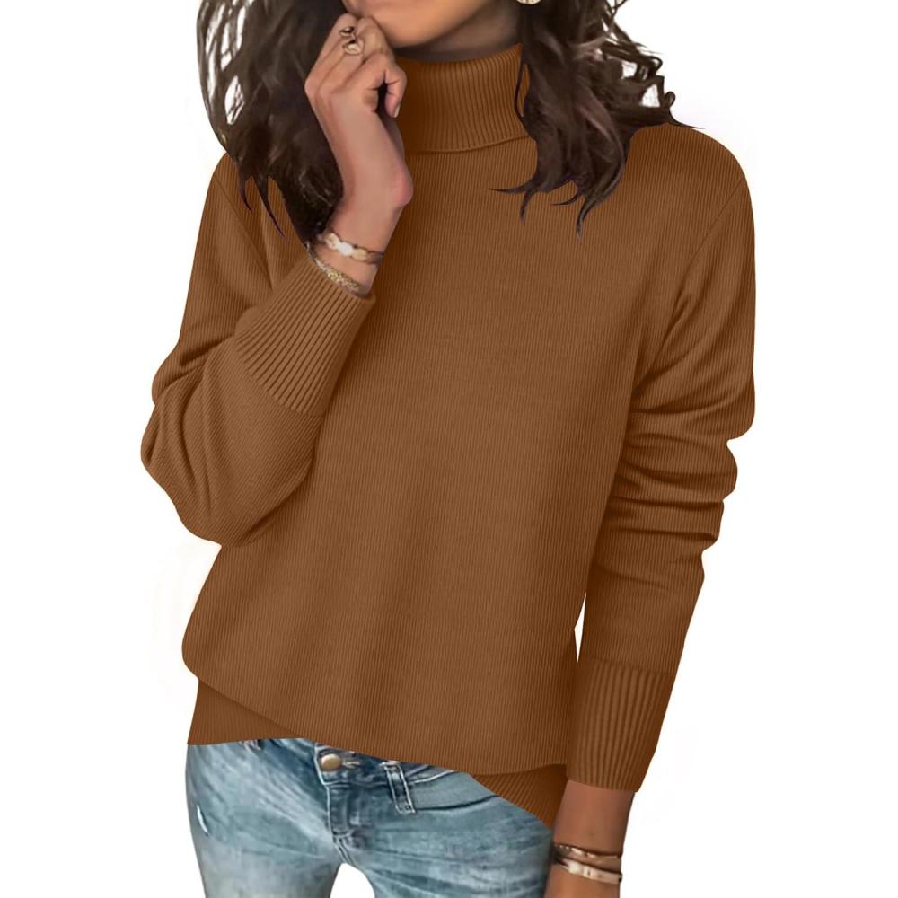 imageZeagoo Womens Turtleneck Sweater Long Sleeve Spilt Hem Casual Knit Pullover Chunky Fall Winter Jumper Top 2026Light Brown