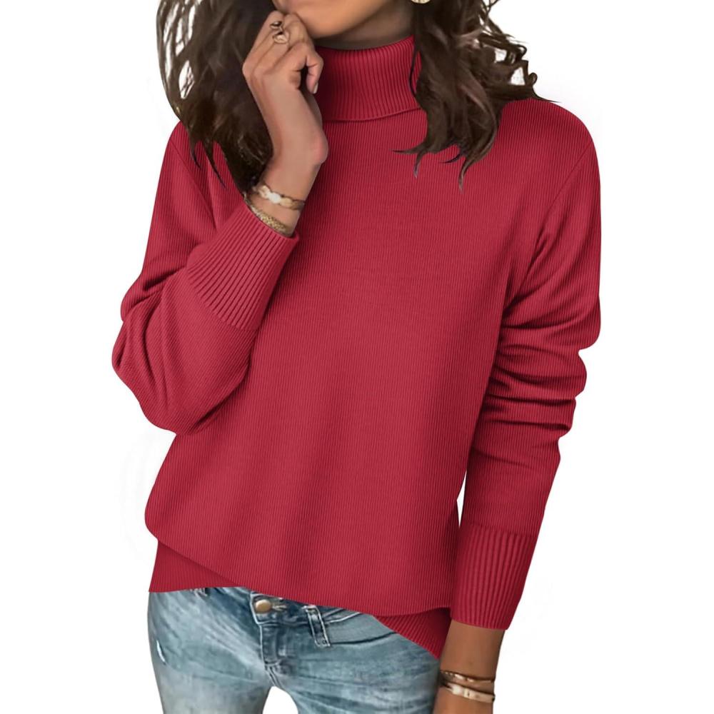 imageZeagoo Womens Turtleneck Sweater Long Sleeve Spilt Hem Casual Knit Pullover Chunky Fall Winter Jumper Top 2026Red