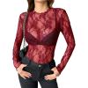 ZEAGOO Womens Mesh Long Sleeve Tops Mock Neck Going Out See Through Shirts Sexy Sheer Blouses Clubwear S-XXL(Lace Wine Red)