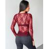 ZEAGOO Womens Mesh Long Sleeve Tops Mock Neck Going Out See Through Shirts Sexy Sheer Blouses Clubwear S-XXL(Lace Wine Red)