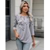 Zeagoo 3/4 Length Sleeve Women Tops Crew Neck Blouses Dressy Casual Summer T Shirts Loose Fit Business Work Clothes(Dh62-grey Flower)