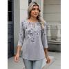 Zeagoo 3/4 Length Sleeve Women Tops Crew Neck Blouses Dressy Casual Summer T Shirts Loose Fit Business Work Clothes(Dh62-grey Flower)