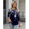 Zeagoo 3/4 Length Sleeve Women Tops Crew Neck Blouses Dressy Casual Summer T Shirts Loose Fit Business Work Clothes(Sf103-navy Blue Leaves)