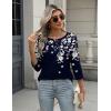 Zeagoo 3/4 Length Sleeve Women Tops Crew Neck Blouses Dressy Casual Summer T Shirts Loose Fit Business Work Clothes(Sf103-navy Blue Leaves)