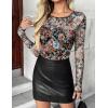 Zeagoo Long Sleeve Shirts for Women Sheer Mesh Sexy Blouses Fall Fashion Crewneck Going Out Tops(Floral Print-wf66)