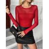 Zeagoo Long Sleeve Shirts for Women Sheer Mesh Sexy Blouses Fall Fashion Crewneck Going Out Tops(Red)
