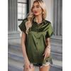 Zeagoo Silk Blouse for Women Short Sleeve Satin Button Down Shirts Casual Loose V-Neck Business Work Tunic Top(Army Green)