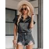 Zeagoo Silk Blouse for Women Short Sleeve Satin Button Down Shirts Casual Loose V-Neck Business Work Tunic Top(Black)