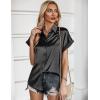 Zeagoo Silk Blouse for Women Short Sleeve Satin Button Down Shirts Casual Loose V-Neck Business Work Tunic Top(Black)