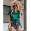 Zeagoo Silk Blouse for Women Short Sleeve Satin Button Down Shirts Casual Loose V-Neck Business Work Tunic Top(Green)