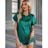 Zeagoo Silk Blouse for Women Short Sleeve Satin Button Down Shirts Casual Loose V-Neck Business Work Tunic Top(Green)