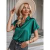 Zeagoo Silk Blouse for Women Short Sleeve Satin Button Down Shirts Casual Loose V-Neck Business Work Tunic Top(Green)