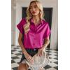 Zeagoo Silk Blouse for Women Short Sleeve Satin Button Down Shirts Casual Loose V-Neck Business Work Tunic Top(Hot Pink)