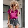 Zeagoo Silk Blouse for Women Short Sleeve Satin Button Down Shirts Casual Loose V-Neck Business Work Tunic Top(Hot Pink)