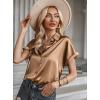 Zeagoo Silk Blouse for Women Short Sleeve Satin Button Down Shirts Casual Loose V-Neck Business Work Tunic Top(Light Coffee)