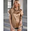 Zeagoo Silk Blouse for Women Short Sleeve Satin Button Down Shirts Casual Loose V-Neck Business Work Tunic Top(Light Coffee)